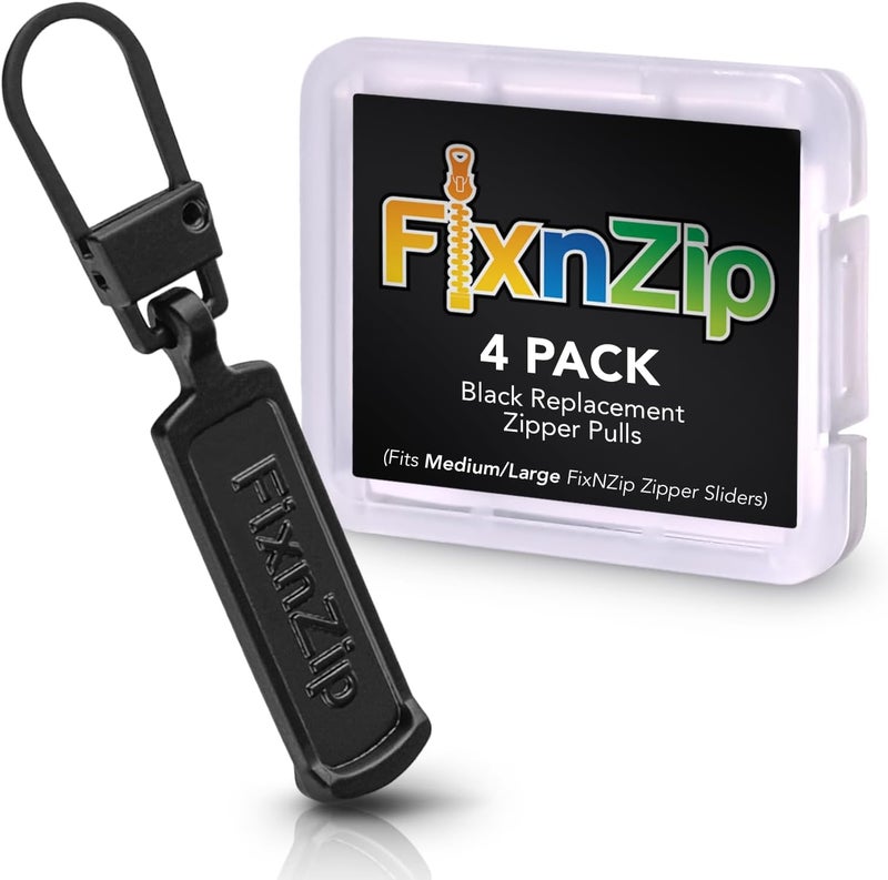 FixnZip Medium to Large Black Zipper Pull Replacements (4-Pack) | Universal Clip-On Pull Tabs for Zipper Repair, Sliders & Luggage, Jackets, Backpacks, Tents, Sleeping Bags & Outdoor Gear - Image 1